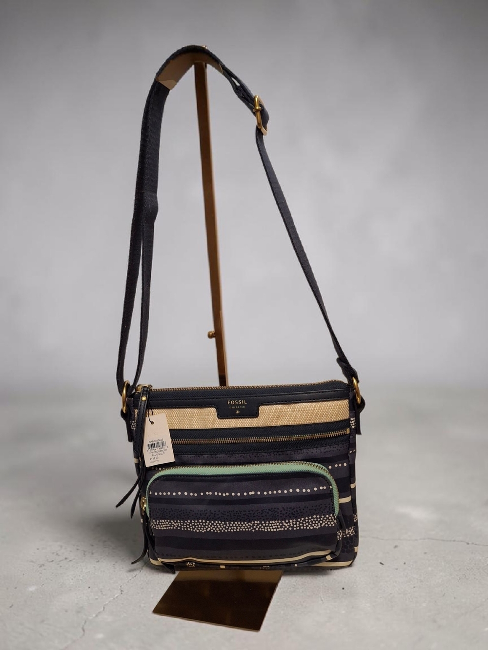 Fossil Blue and Beige Crossbody Bag with Green Accent NWT